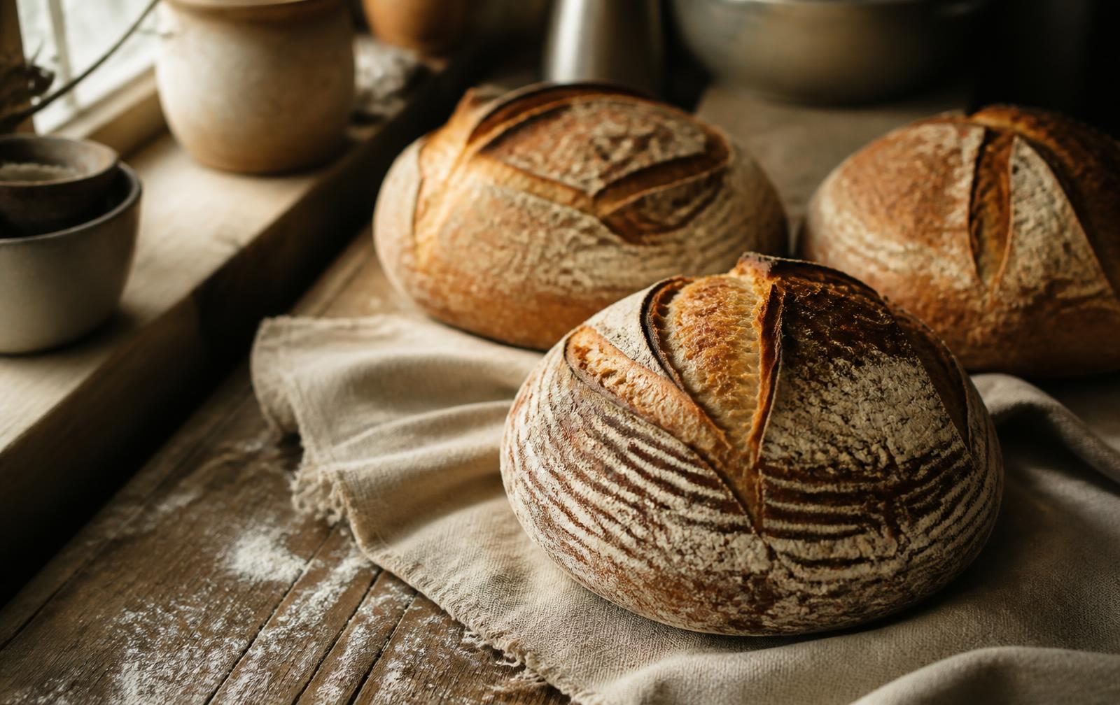 Freshly baked rustic sourdough loaves cooling on a linen cloth